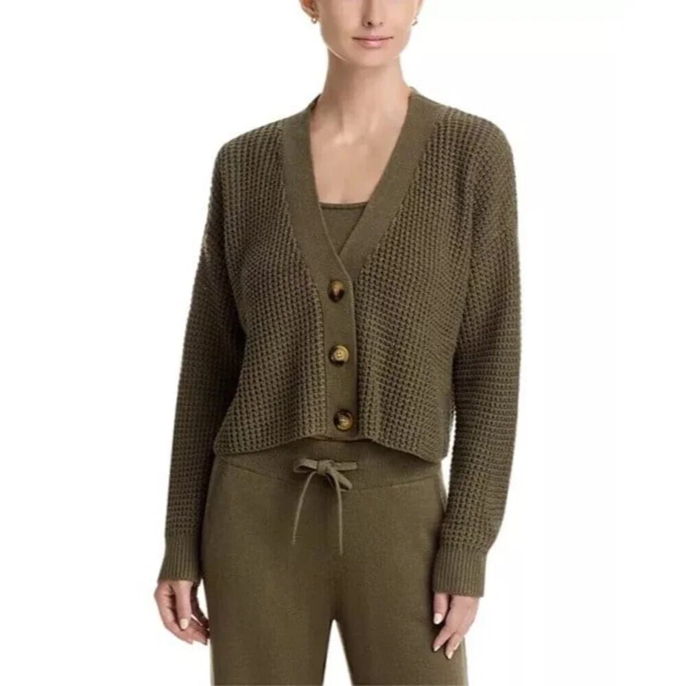 Eberjey Sage Green Waffle Knit Cardigan | Recycled Cotton Chunky Sweater M